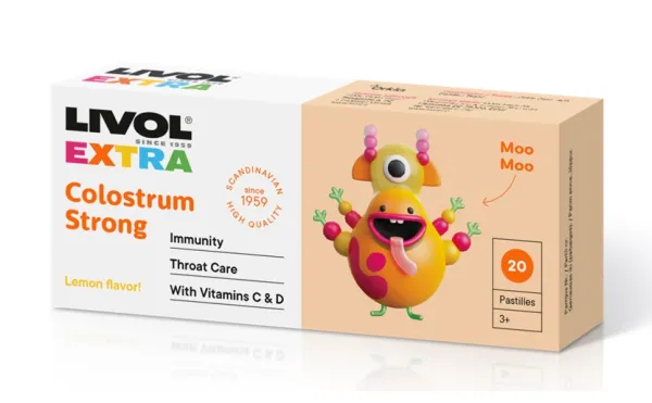 Maisto papildas LIVOL EXTRA vaikams Colostrum Strong čiulpiamosios pastilės N20